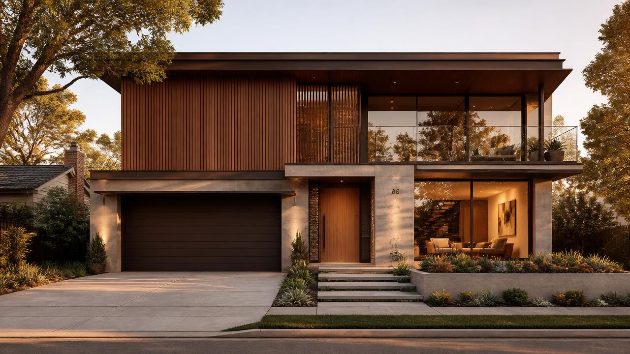 Modern architecturally designed home facade with timber and concrete detailing